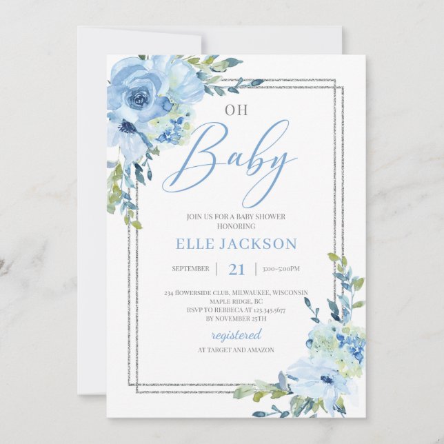 Invitation Cadre moderne bleu floral argenté bleu poussiéreux (Devant)