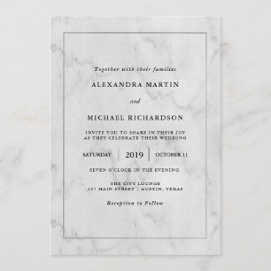 Invitation Cadre moderne en argent et Mariage en marbre