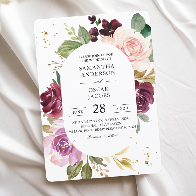 Invitation Cadre Moody & Rustic Bourgogne Watercolor Flowers (Créateur téléchargé)