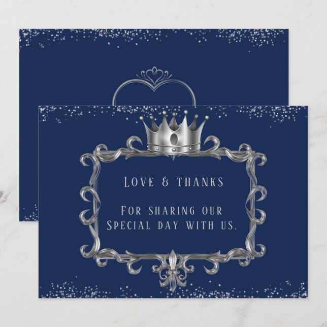 Invitation Cadre Navy Silver Couronne Royale Amour & Merci (Devant / Derrière)