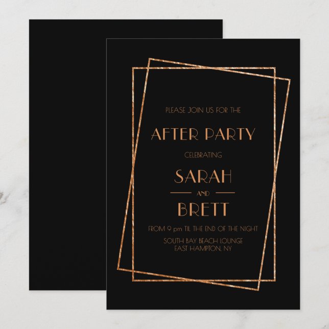 Invitation Cadre noir et or art déco mariage après fête (Devant / Derrière)
