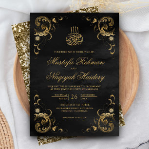 Invitation Cadre Or Antique Mariage Islamique Noir