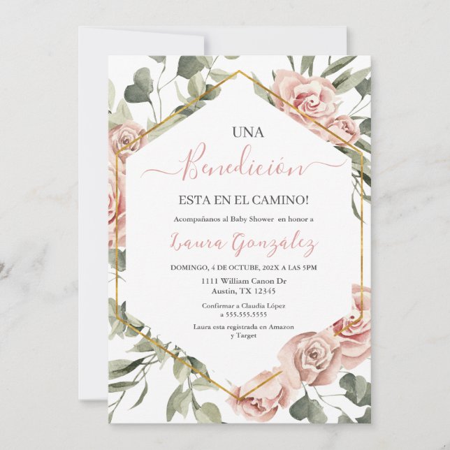 Invitation Cadre or avec Baby shower rose en espagnol (Devant)