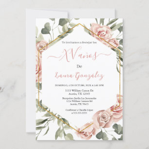Invitation Cadre or avec rose Quinceanera espagnol