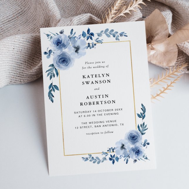 Invitation cadre or bleu mariage floral (Créateur téléchargé)