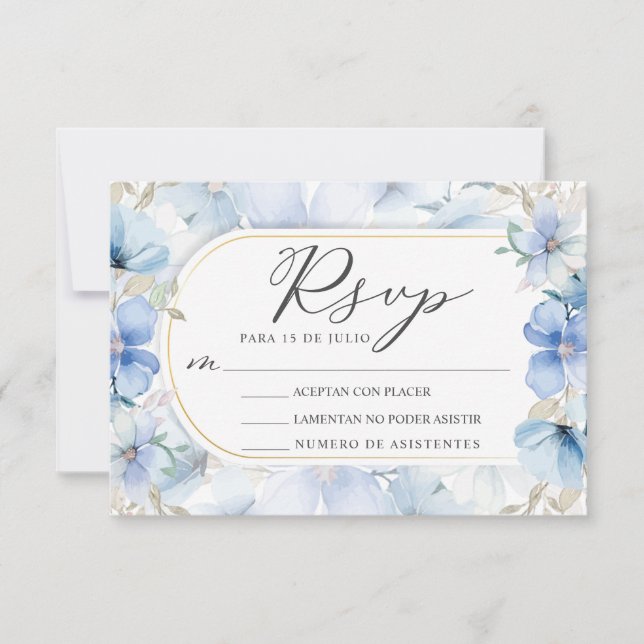 Invitation Cadre Or Blue Floral Garden Nuestra Boda RSVP (Devant)