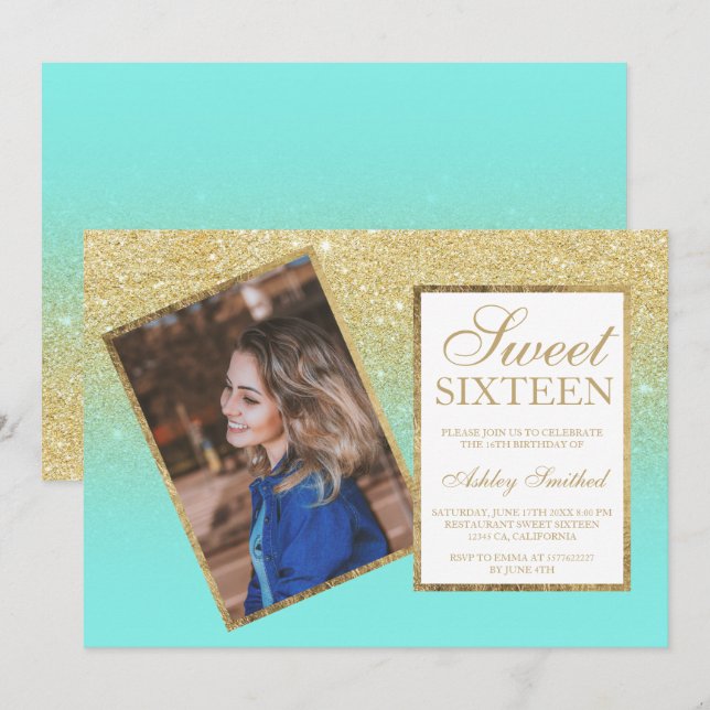 Invitation Cadre or chic turquoise ombre photo Sweet 16 (Devant / Derrière)
