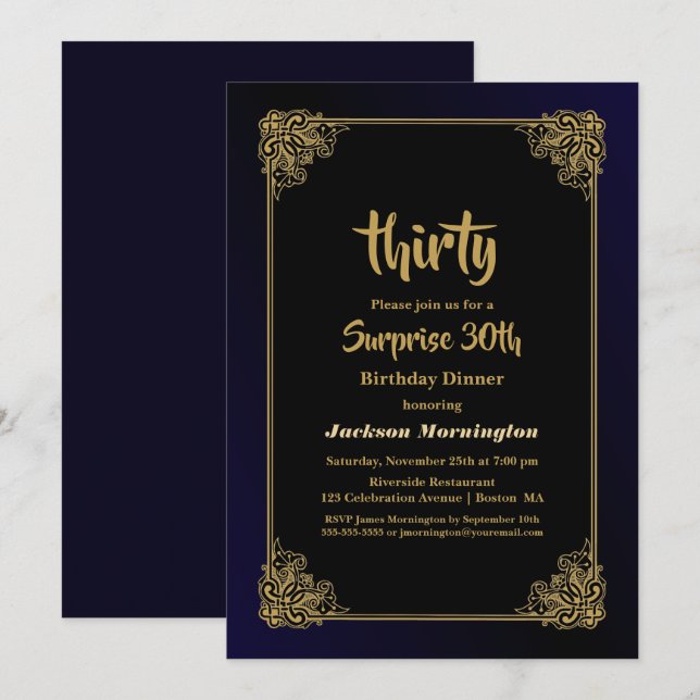 Invitation Cadre Or élégant Surprise Dîner de 30e anniversair (Devant / Derrière)