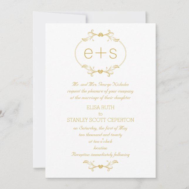 Invitation Cadre or et initiales élégant mariage monogramme (Devant)