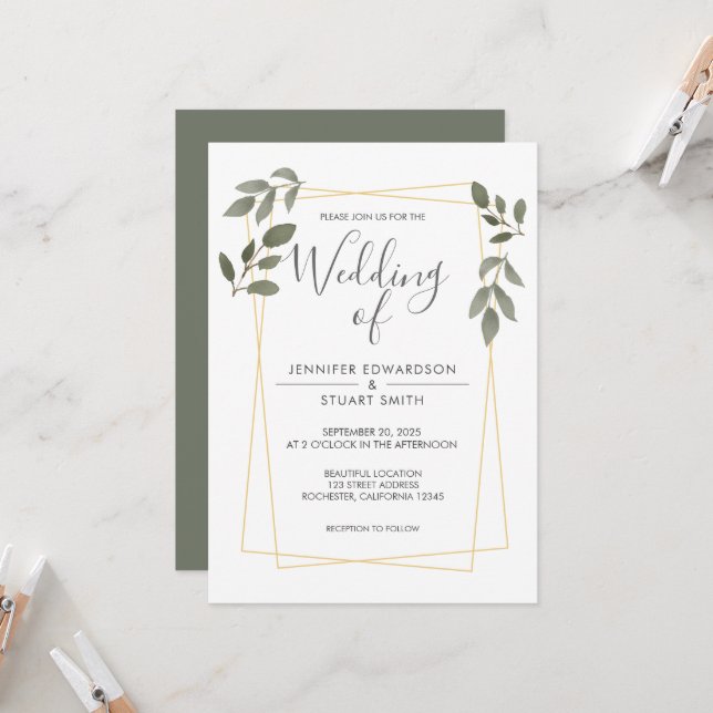 Invitation Cadre or feuille moderne aquarelle Mariage (Devant/Arrière en situation)