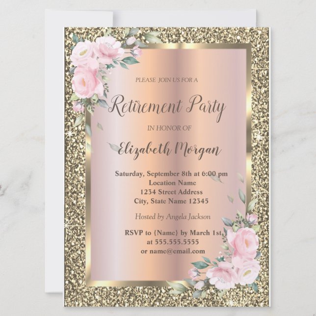 Invitation Cadre Or, Fleurs, Retraite Parties scintillant (Devant)