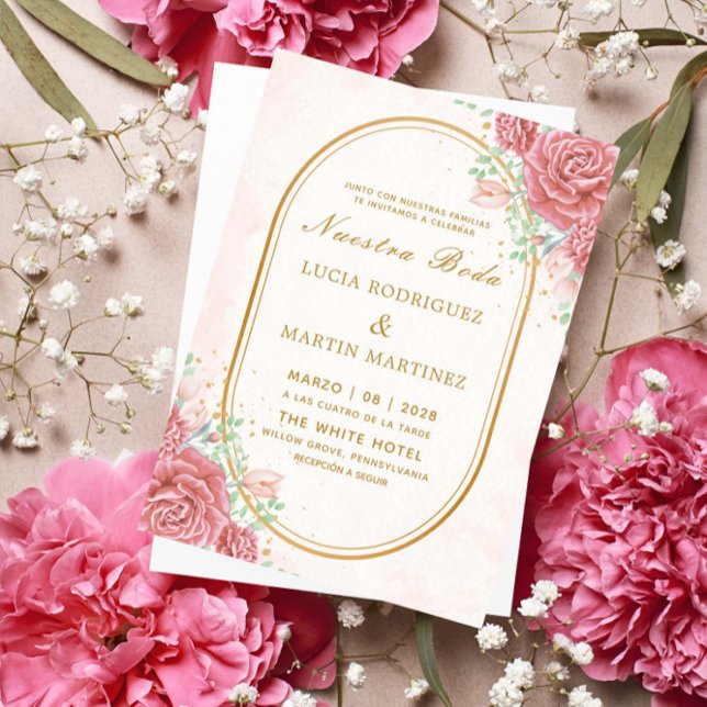 Invitation Cadre Or Fleurs Rose Élégant Nuestra Boda (Créateur téléchargé)