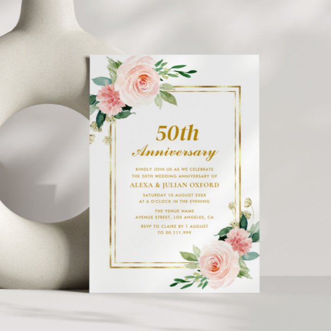Invitation cadre or floral rose 50e anniversaire mariage (Créateur téléchargé)