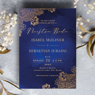Invitation Cadre Or Ornat Bleu Nuestra Boda espagnol
