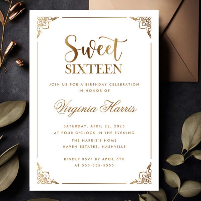 Invitation Cadre Or Ornate Sweet sixteen blanc 16 Anniversair (Créateur téléchargé)