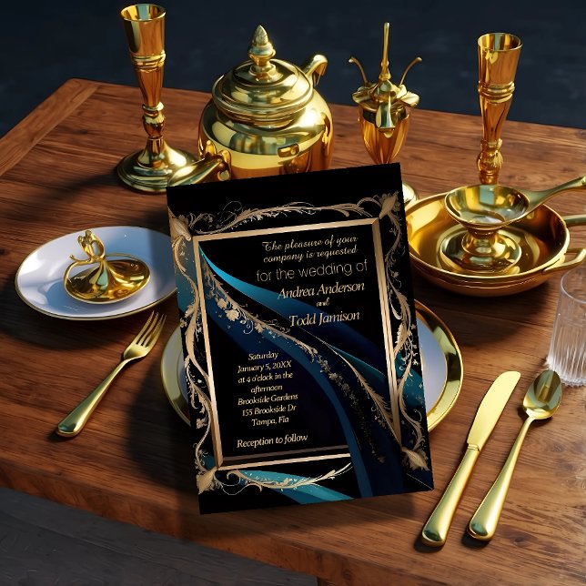 Invitation Cadre or orné turquoise bleu noir mariage (Créateur téléchargé)