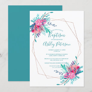 Invitation Cadre or rose aquarelle florale baptême