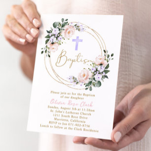 Invitation Cadre or rose et lavande florale Baptême