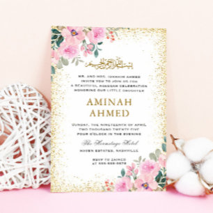 Invitation Cadre Or rose Floral islamique Aqiqa Aqeeqa Baby