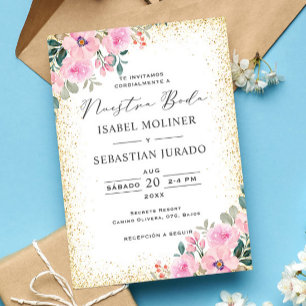 Invitation Cadre Or Rose Floral Nuestra Boda Espagnol