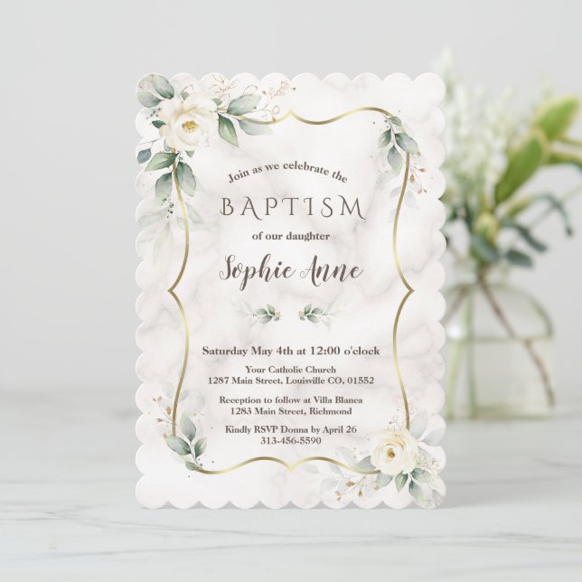 Invitation Cadre Or Vert Marbre Floral Blanc Baptême (Debout devant)