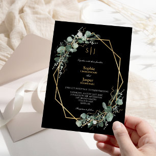 Invitation Cadre Or Vert Simple Mariage Monogramme Noir