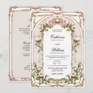Invitation Cadre Orné Art Nouveau Rose Rouge Clair