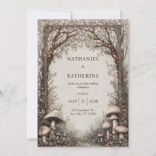 Invitation Cadre Orné Sépia Champignon Forêt Mariage