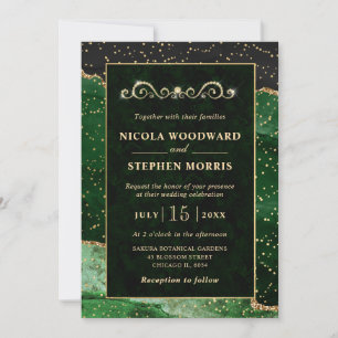 Invitation Cadre Ornement Élégant en Or Vert Mariage Agate Ve