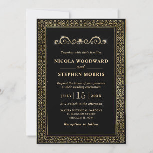 Invitation Cadre Ornement Élégant Or sur Mariage Noir