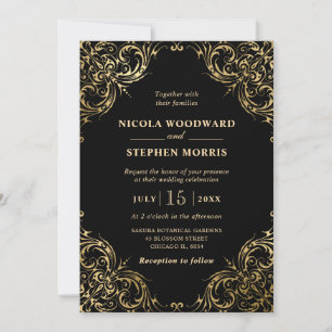 Invitation Cadre Ornement Élégant Or sur Mariage Noir