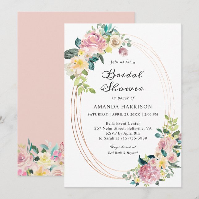 Invitation Cadre ovale moderne Pastel Fête des mariées floral (Devant / Derrière)