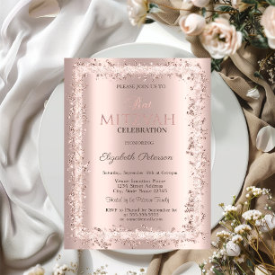 Invitation Cadre Pailleté Chic Rose Gold Bat Mitzvah 