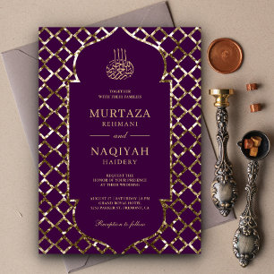 Invitation Cadre Paillettes Or Antique Mariage Musulman Viole