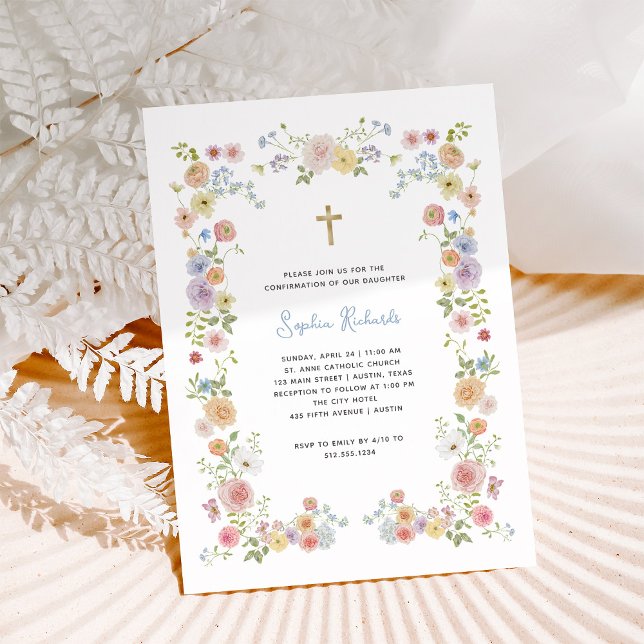 Invitation Cadre Pastel Floral et Croix Or | Confirmations (Créateur téléchargé)