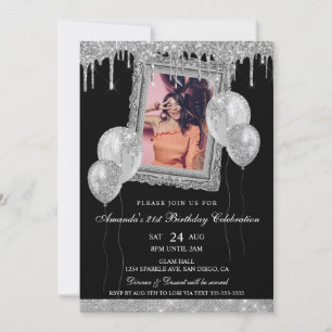 Invitation Cadre photo à effet de goutte pailleté argent et n