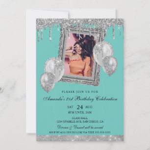 Invitation Cadre photo à effet de goutte pailleté argent et s