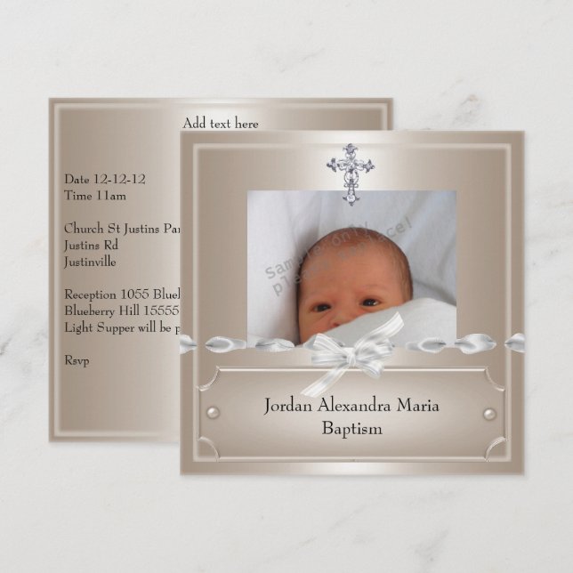 Invitation Cadre photo beige Bijou Croix Baptême (Devant / Derrière)