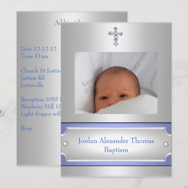 Invitation Cadre photo blanc métallique Croix Baptême bleu (Devant / Derrière)