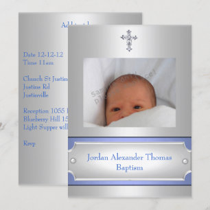 Invitation Cadre photo blanc métallisé croix baptême bleu