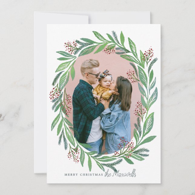 Invitation Cadre photo de la couronne de Noël feuille illustr (Devant)