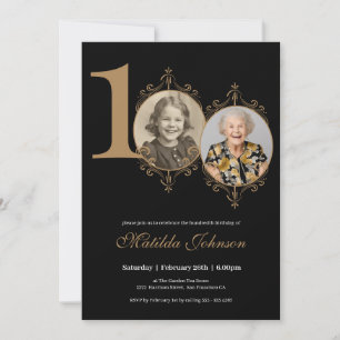 Invitation Cadre photo élégant Black Gold 100e anniversaire