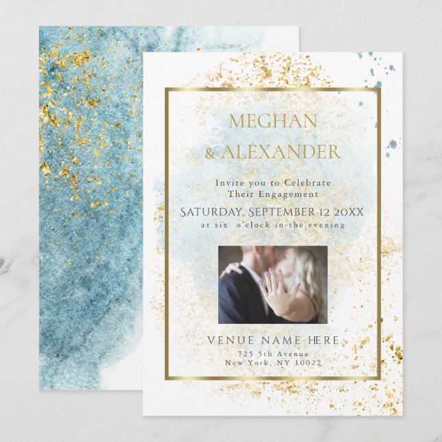 Invitation Cadre photo Fiançailles couleur bleu Denim (Devant / Derrière)
