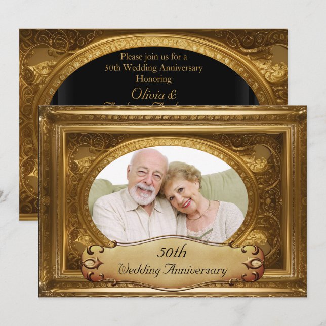 Invitation Cadre photo orné doré 50e anniversaire Antique (Devant / Derrière)