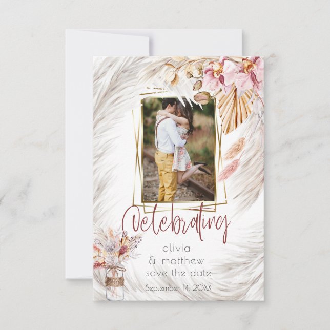 Invitation Cadre photo Russe Bourgogne rose Pampas Gras (Devant)