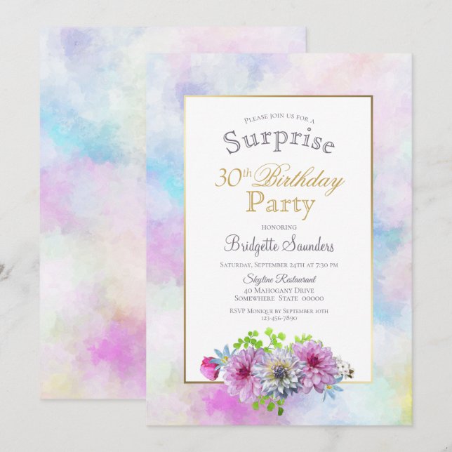 Invitation Cadre rose floral or Surprise 30e anniversaire (Devant / Derrière)