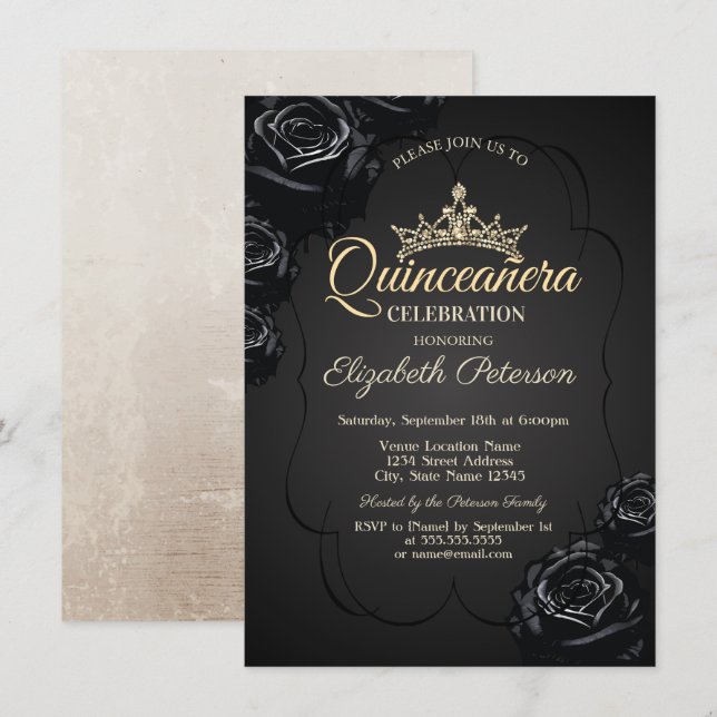 Invitation Cadre Rose noir Quinceañera (Devant / Derrière)