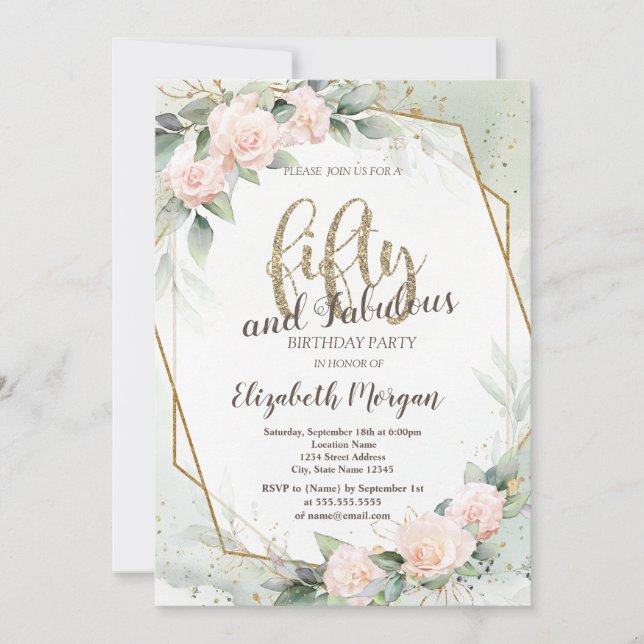 Invitation Cadre rose Roses Confetti Vert 50e anniversaire (Devant)