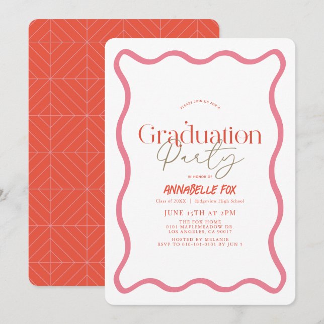 Invitation Cadre rose Wavy Trame Trendy Graduation (Devant / Derrière)