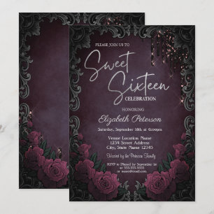 Invitation Cadre Roses Sombres Bourguignon Paillettes Gouttes